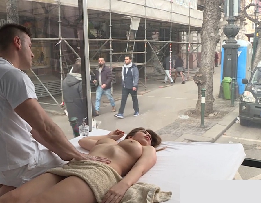 Ayda Swinger Busty Girl Erotic Massage And Fucking In Transparent Box On The Street HD 720p
